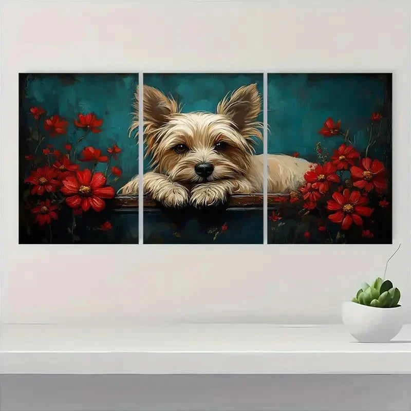 3pcs Red Flowers & Green Leaves Dog CD Wall Art Set Canvas Framed 50x70cm - High Quality Print 100% Australian Made Wall Canvas Ready to Hang