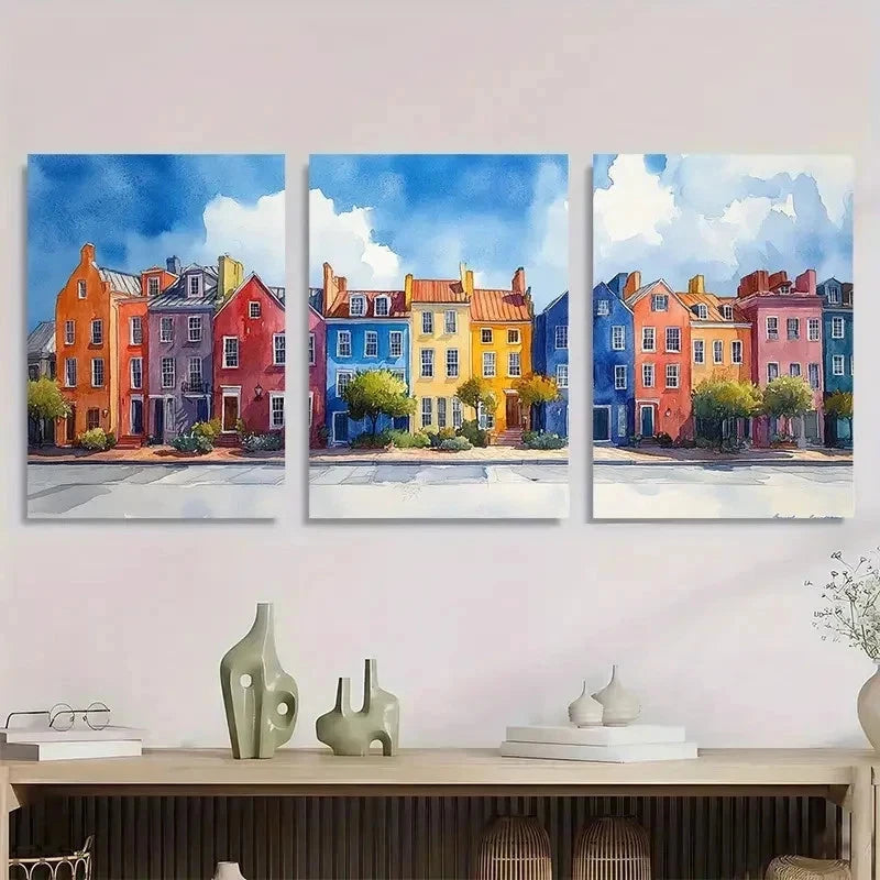 3pcs Rainbow Row Watercolor Charleston Perfect Wall Art Set Canvas Framed 50x70cm - High Quality Print 100% Australian Made Wall Canvas Ready to Hang