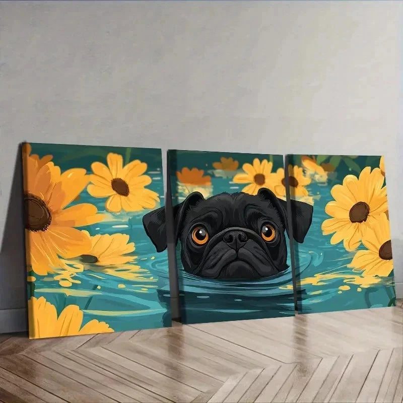 3pcs Cute Pug Swimming in Water Decor Wall Art Set Canvas Framed 40x60cm - High Quality Print 100% Australian Made Wall Canvas Ready to Hang