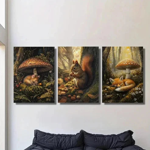 3pcs Squirrel Fox Mouse & Mushrooms Flowers Wall Art Set Canvas Unframed - High Quality Print 100% Australian Made Wall Canvas