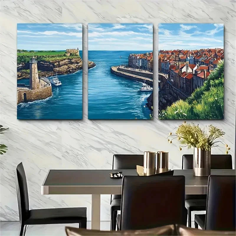 3pcs Harbor town and lighthouse & blue sky Wall Wall Art Set Canvas Framed 60x90cm - High Quality Print 100% Australian Made Wall Canvas Ready to Hang