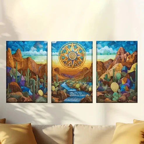 3pcs Mexican Valley Sunset with Cacti & River Wall Art Set Canvas Unframed - High Quality Print 100% Australian Made Wall Canvas