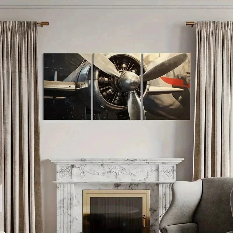 3pcs Airplane Propeller Engine Vintage Wall Art Set Canvas Framed 50x70cm - High Quality Print 100% Australian Made Wall Canvas Ready to Hang - Bella Home Decor