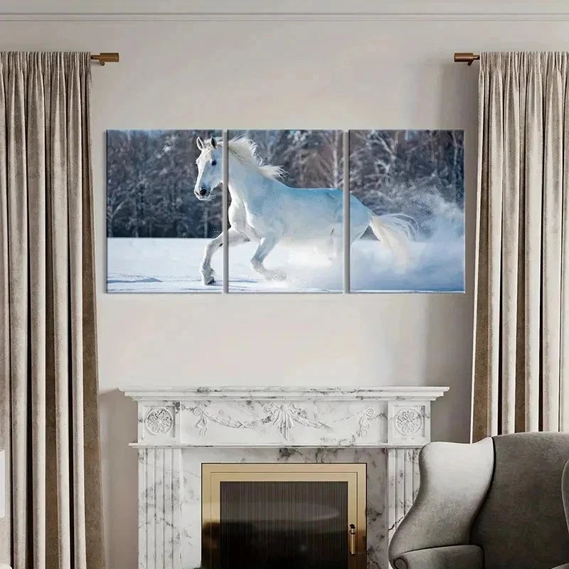 3pcs Elegant White Horse in Snowy Landscape Wall Art Set Canvas Framed 50x70cm - High Quality Print 100% Australian Made Wall Canvas Ready to Hang