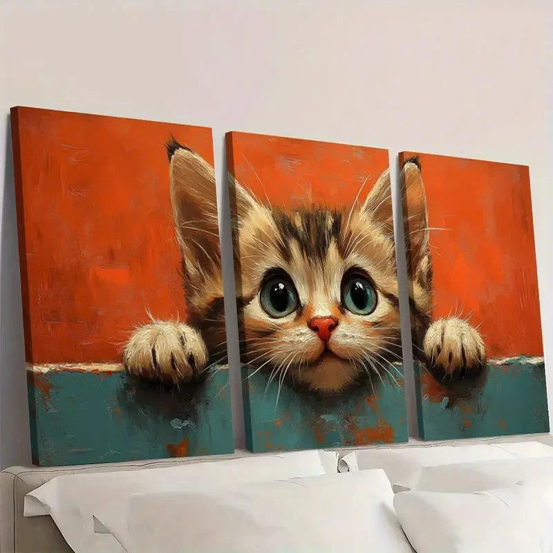 3pcs Adorable Cute Cat Vintage Aesthetic Wall Art Set Canvas Framed 40x60cm - High Quality Print 100% Australian Made Wall Canvas Ready to Hang - Bella Home Decor