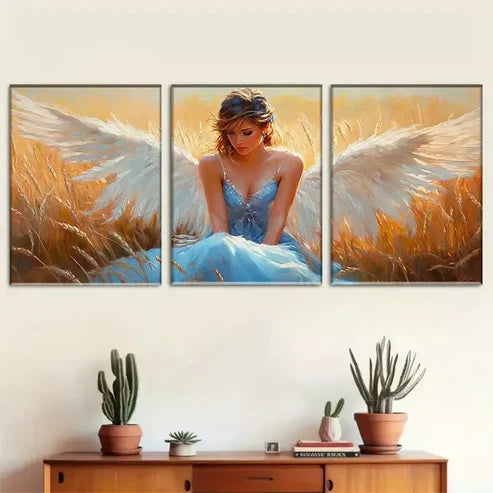 3 PCS Ethereal Angel In Wheat Field Triptych Wall Art Set Canvas Unframed - High Quality Print 100% Australian Made Wall Canvas - Bella Home Decor