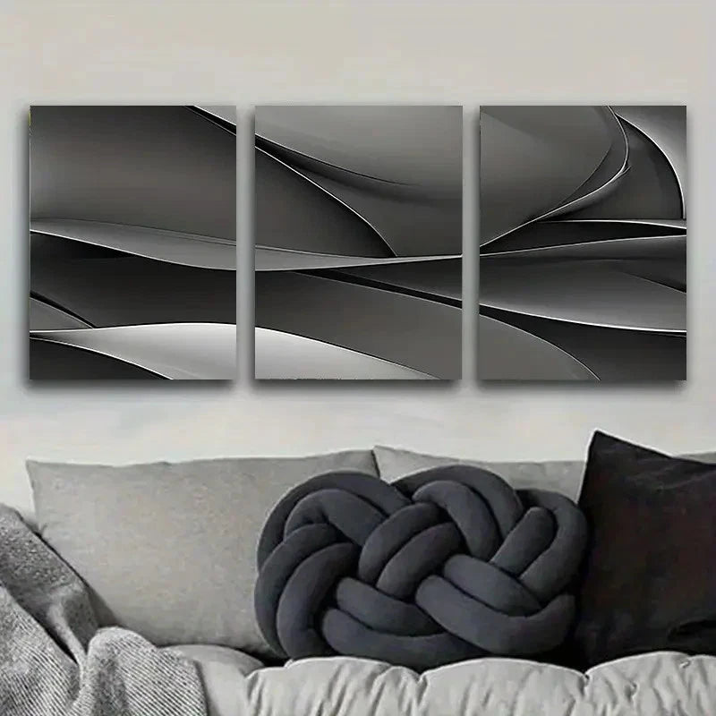 3pcs Black and Silvery Waves Wall Art Set Canvas Framed 50x70cm - High Quality Print 100% Australian Made Wall Canvas Ready to Hang - Bella Home Decor
