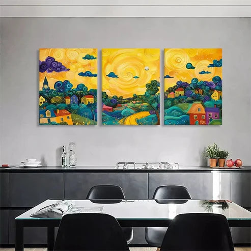 3pcs Swirling Clouds & Bright Sun Vibrant Lands Wall Art Canvas Unframed - High Quality Print 100% Australian Made Wall Canvas