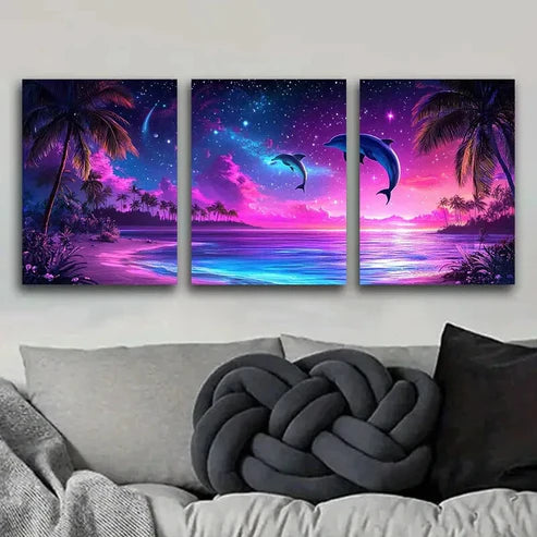 3pcs Dolphin Silhouette Under Purple Sky Ocean Wall Art Set Canvas Unframed - High Quality Print 100% Australian Made Wall Canvas - Bella Home Decor