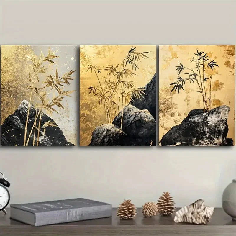 3pcs Golden Bamboo Triptych Painting Wall Art Set Canvas Framed 40x60cm - High Quality Print 100% Australian Made Wall Canvas Ready to Hang - Bella Home Decor