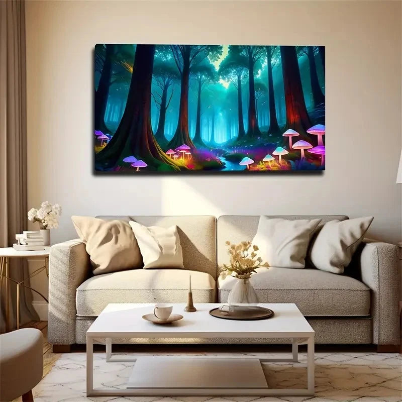Enchanted Forest Mushroom Wall Art Canvas Office Home Room Framed 120x60cm
