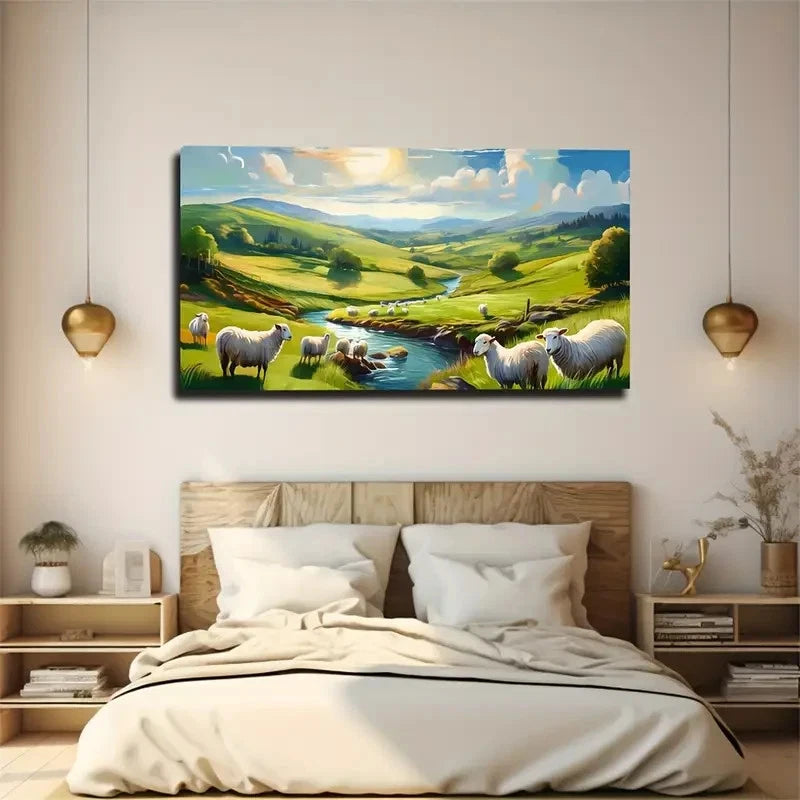 Lush Prairie With Sheep River Wall Art Canvas Office Home Room Framed 120x60cm
