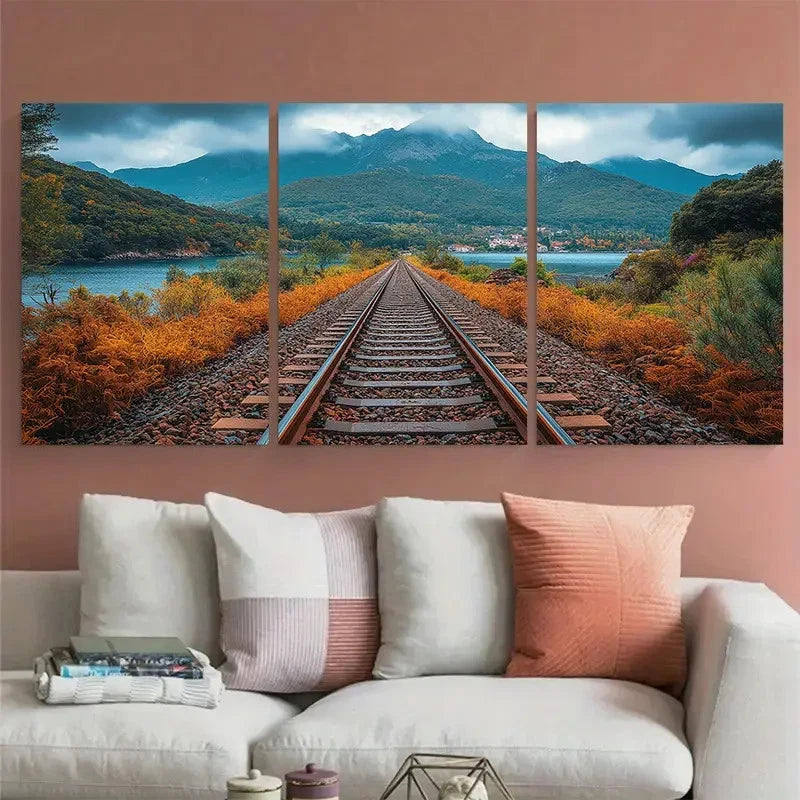 3pcs Train Tracks Through Autumn Lands Perfect Wall Art Set Canvas Framed 60x90cm - High Quality Print 100% Australian Made Wall Canvas Ready to Hang