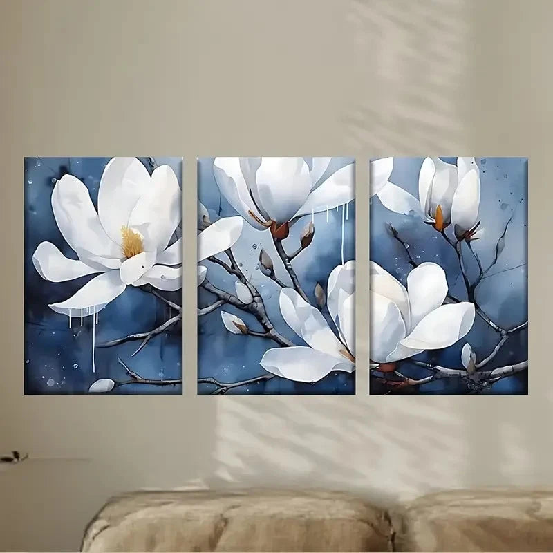 3pcs a painting of white flowers on a blue Wall Art Set Canvas Framed 60x90cm - High Quality Print 100% Australian Made Wall Canvas Ready to Hang - Bella Home Decor