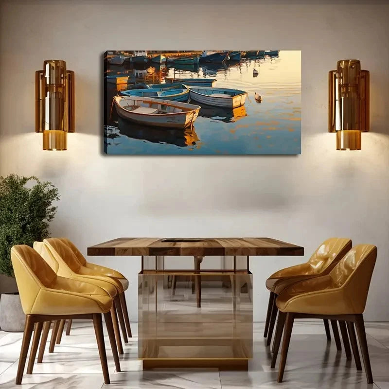 Wooden Boats & Reflections Wall Art Canvas Office Home Room Framed 120x60cm.