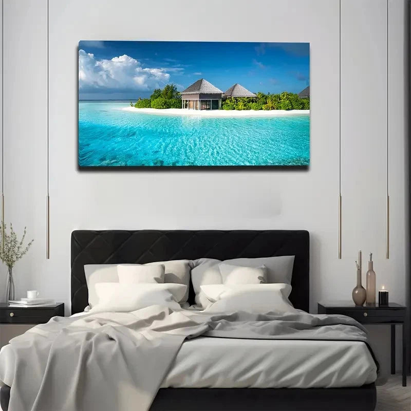 Vibrant Beach Scene Palm Tree Wall Art Canvas Office Home Room Framed 120x60cm