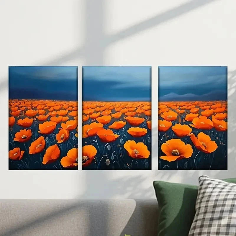 3pcs Orange Flowers in a Field & Dark Sky Wall Art Set Canvas Framed 50x70cm - High Quality Print 100% Australian Made Wall Canvas Ready to Hang