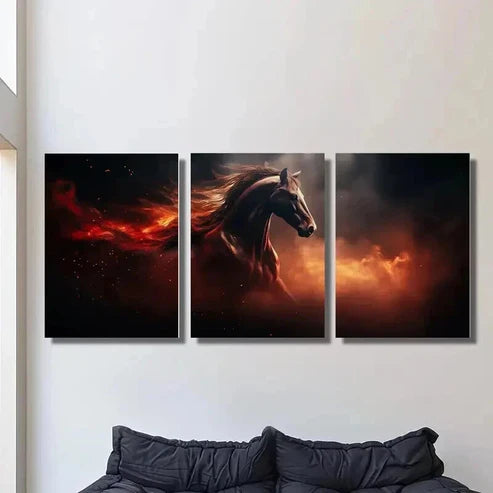 3pcs Brown Horse Running in Fire Flames Wall Art Canvas Unframed - High Quality Print 100% Australian Made Wall Canvas