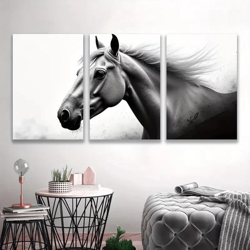 3pcs Black And White Horse Painting Wall Art Set Canvas Framed 50x70cm - High Quality Print 100% Australian Made Wall Canvas Ready to Hang - Bella Home Decor