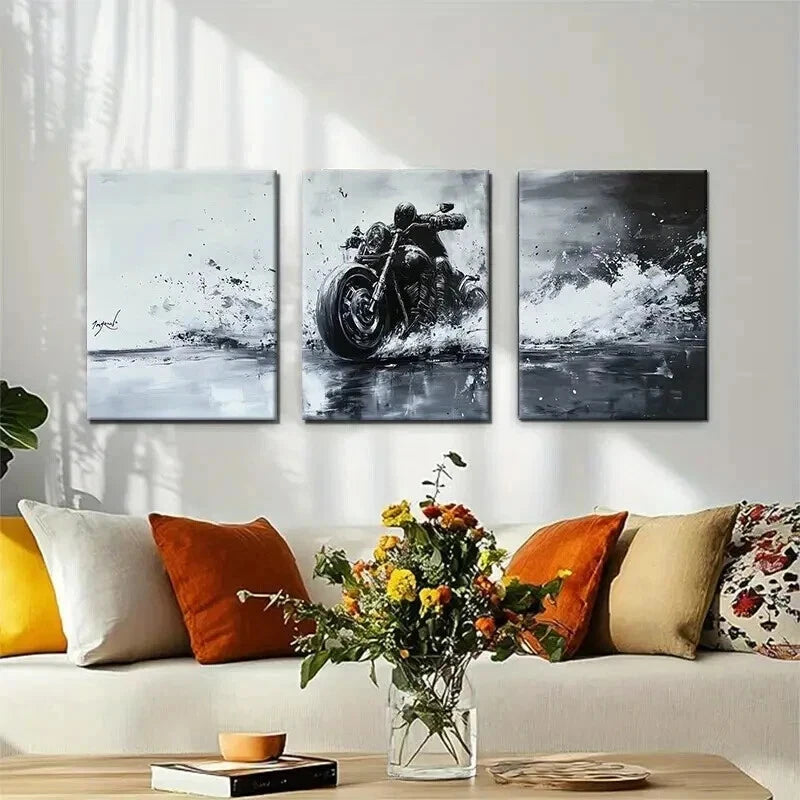 3pcs Black & White Motorcycle Dynamic Perfect Wall Art Set Canvas Framed 50x70cm - High Quality Print 100% Australian Made Wall Canvas Ready to Hang