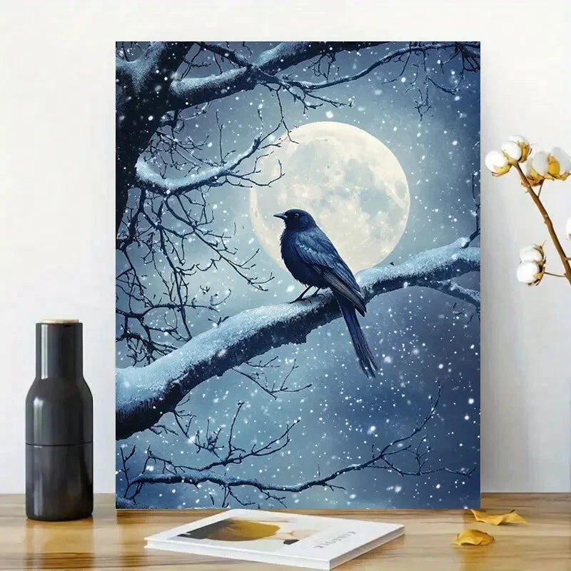 Moonlit Night Bird On Old Tree Painting 40x60cm Metal Print Ready to Hang