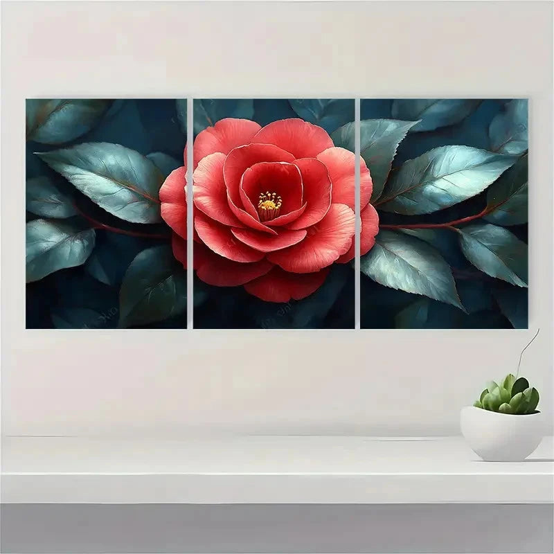 3pcs Red Camellia Flower with Green GL Wall Art Set Canvas Framed 50x70cm - High Quality Print 100% Australian Made Wall Canvas Ready to Hang - Bella Home Decor