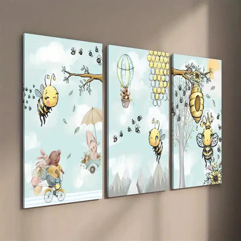 3pcs Rabbit Owl & Beehive Painting Wall Art Set Canvas Unframed - High Quality Print 100% Australian Made Wall Canvas