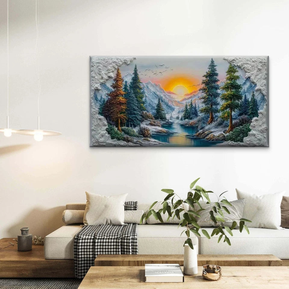 Sunset Over the Alpine River Wall Art Canvas Office Home Room Framed 120x60cm - Bella Home Decor