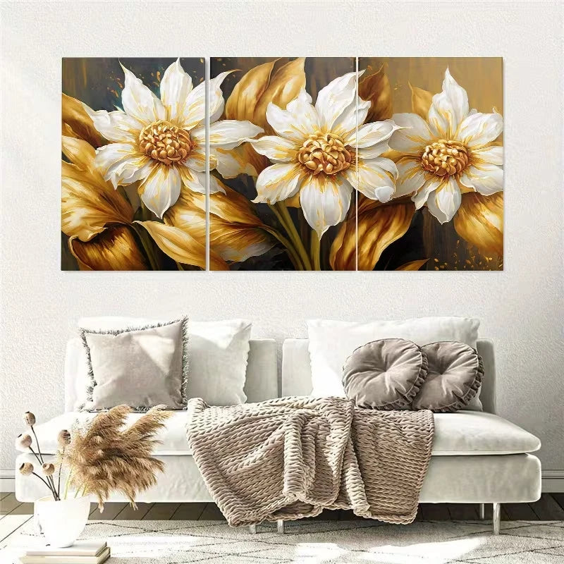 3pcs Elegant Abstract Golden Flower Wall Art Set Canvas Framed 50x70cm - High Quality Print 100% Australian Made Wall Canvas Ready to Hang