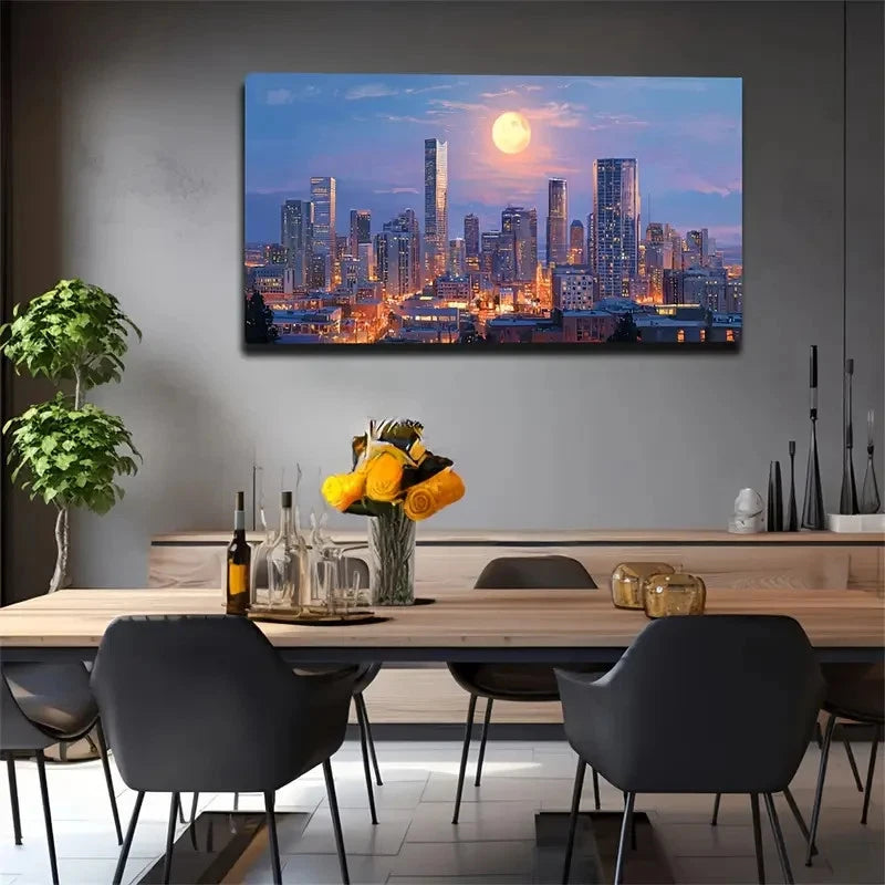 Realistic City Night Skyline Wall Art Canvas Office Home Room Framed 120x60cm