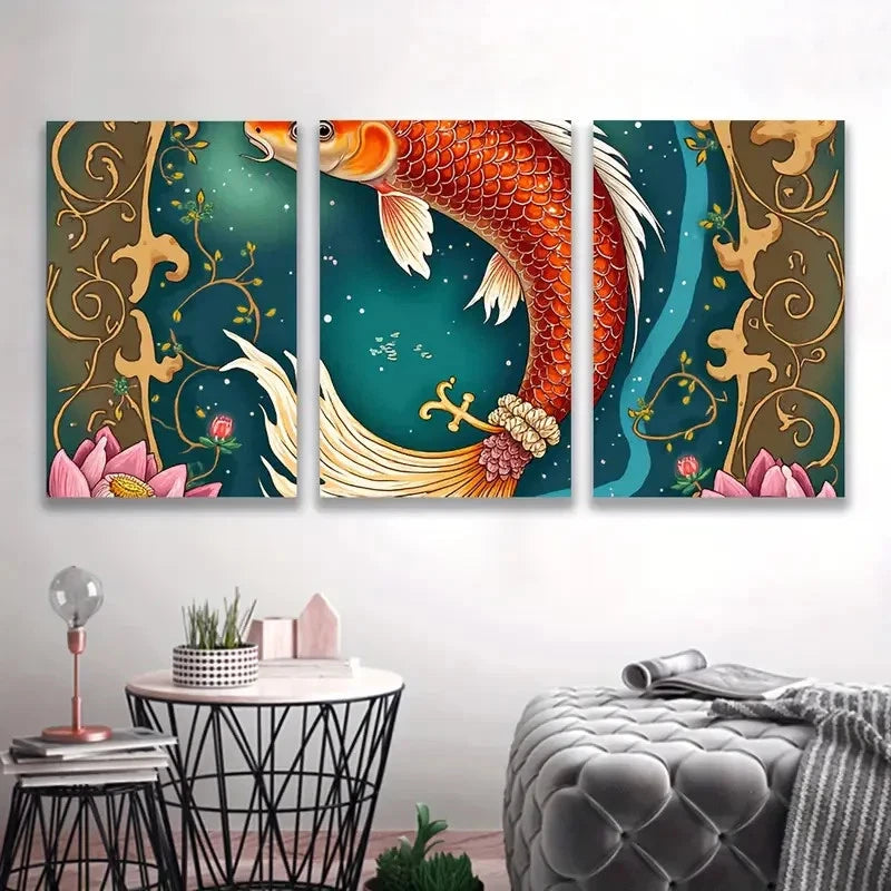 3pcs Vibrant Koi Fish & for Lotus Art Wall Art Set Canvas Framed 60x90cm - High Quality Print 100% Australian Made Wall Canvas Ready to Hang