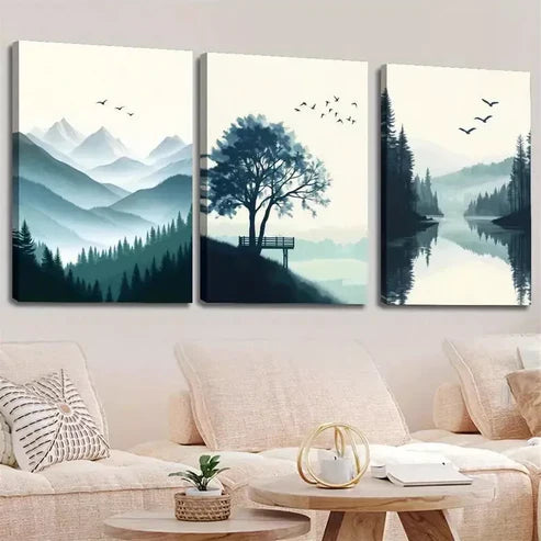 3pcs Mountain Lake Landscape with Pine Trees Canvas Unframed - High Quality Print 100% Australian Made Wall Canvas