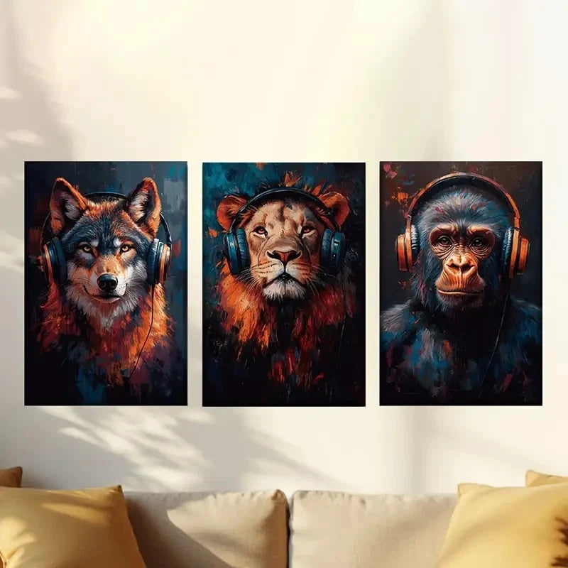 3pcs Wolf Lion Orangutan Wearing Headphones Wall Art Set Canvas Framed 50x70cm - High Quality Print 100% Australian Made Wall Canvas Ready to Hang