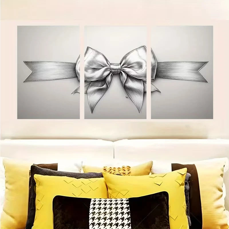 3pcs Black and White Bow Sketch Ribbon Drawing Wall Art Set Canvas Framed 50x70cm - High Quality Print 100% Australian Made Wall Canvas Ready to Hang - Bella Home Decor