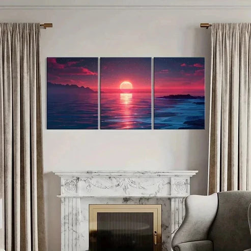 3pcs Sunset Horizon Sea Ocean Vintage Wall Art Canvas Unframed - High Quality Print 100% Australian Made Wall Canvas