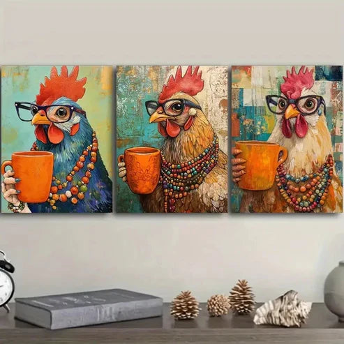3pcs Featuring Hens Wearing Glasses Wall Art Set Canvas Unframed - High Quality Print 100% Australian Made Wall Canvas