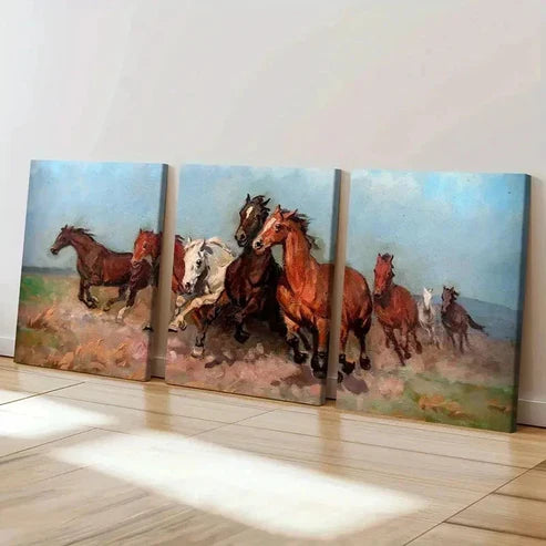 3pcs Vintage Running Horses Wall Art Set Canvas Unframed - High Quality Print 100% Australian Made Wall Canvas