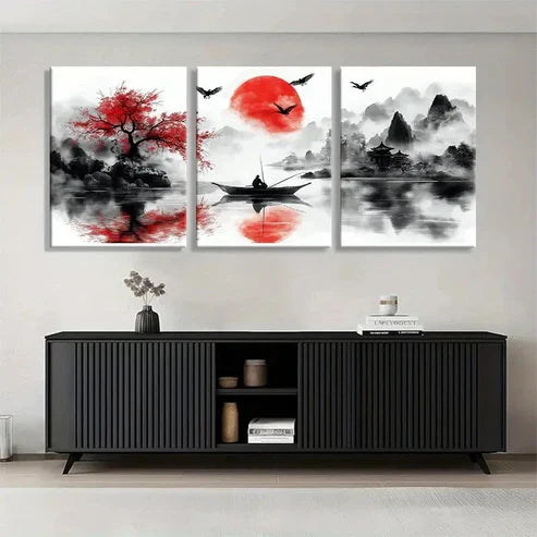 3pcs Red Sun Over River & Mountains Wall Art Canvas Unframed - High Quality Print 100% Australian Made Wall Canvas