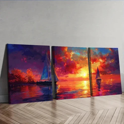 3pcs Little White Boats on Ocean at Sunset Art Set Canvas Unframed - High Quality Print 100% Australian Made Wall Canvas