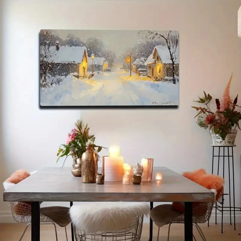 Cozy Winter Scene Yellow Lights Wallc Art Canvas Office Home Room Framed 120x60cm