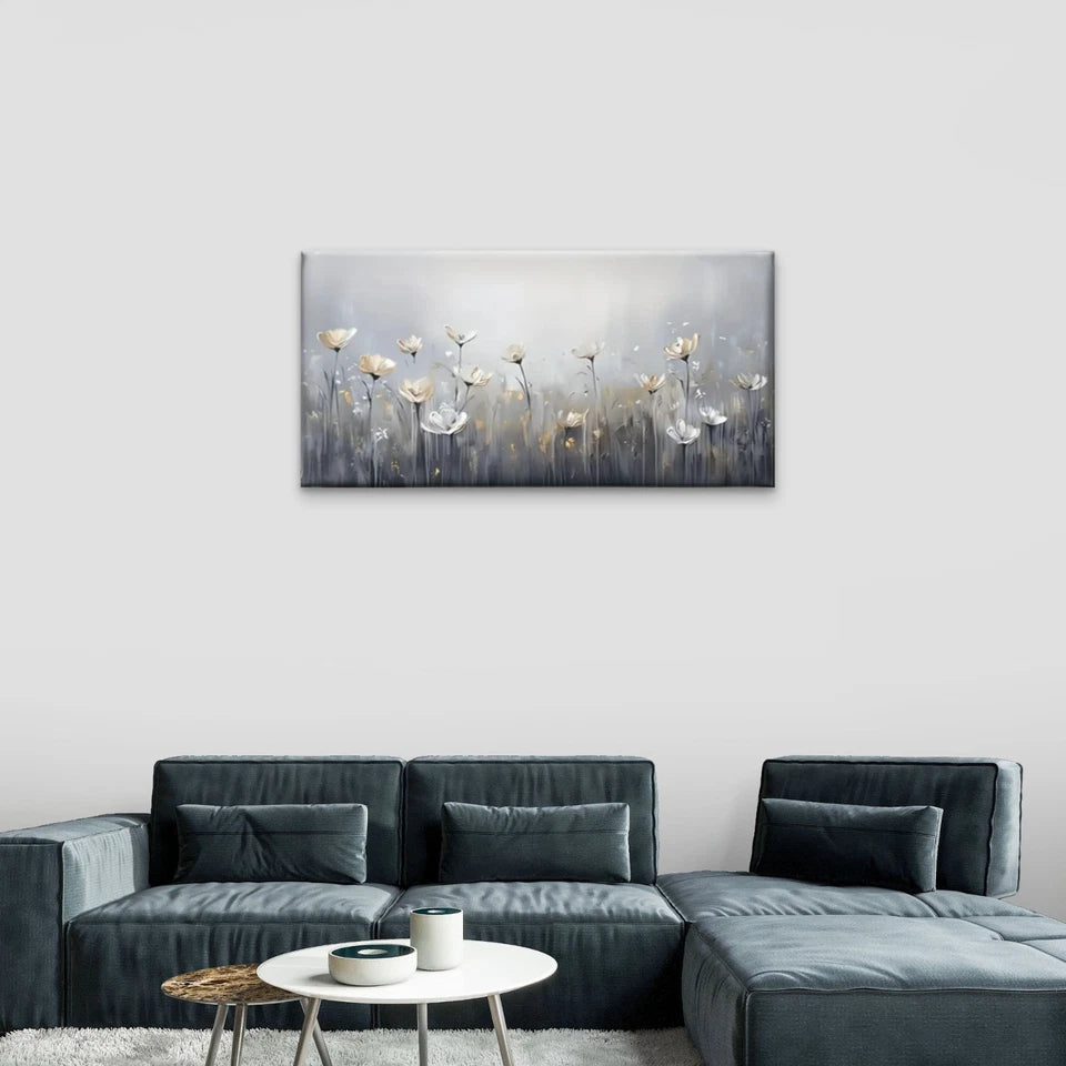 White Flowers Gray Abstract Wall Art Canvas Office Home Room Framed 120x60cm