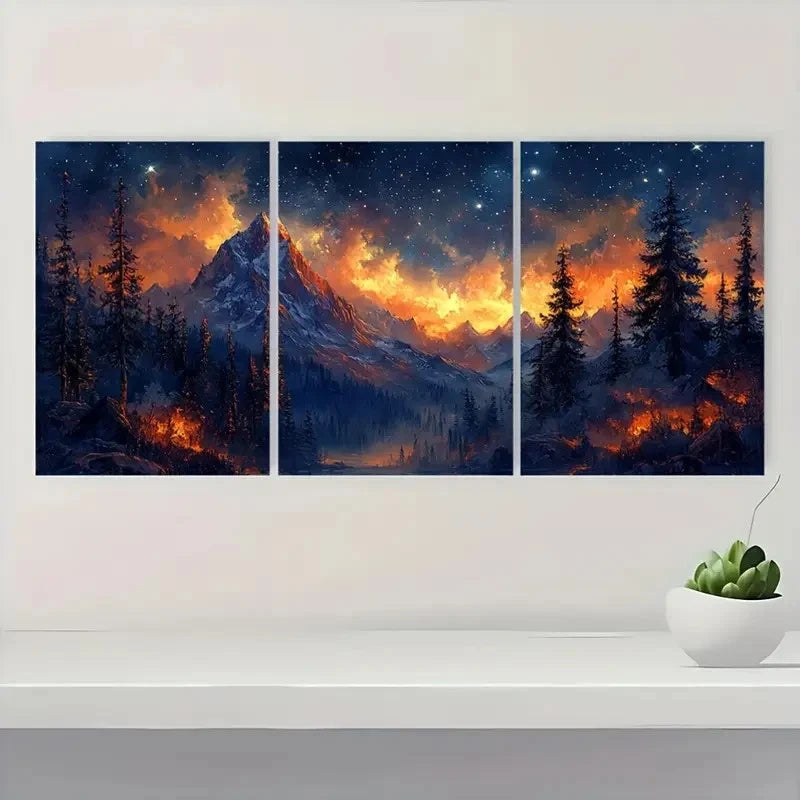 3pcs Starry Night Landscape Midnight Summit Z Wall Art Set Canvas Framed 40x60cm - High Quality Print 100% Australian Made Wall Canvas Ready to Hang