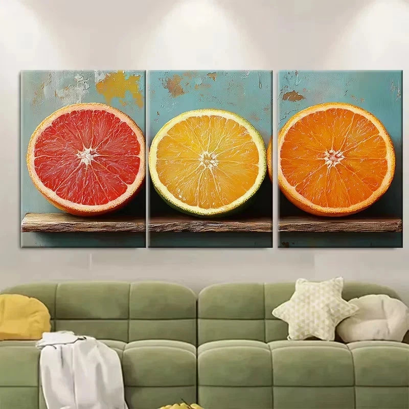 3pcs Vibrant Orange Teal Fruit Wall Art Set Canvas Framed 50x70cm – High Quality Print 100% Australian Made Wall Canvas Ready to Hang