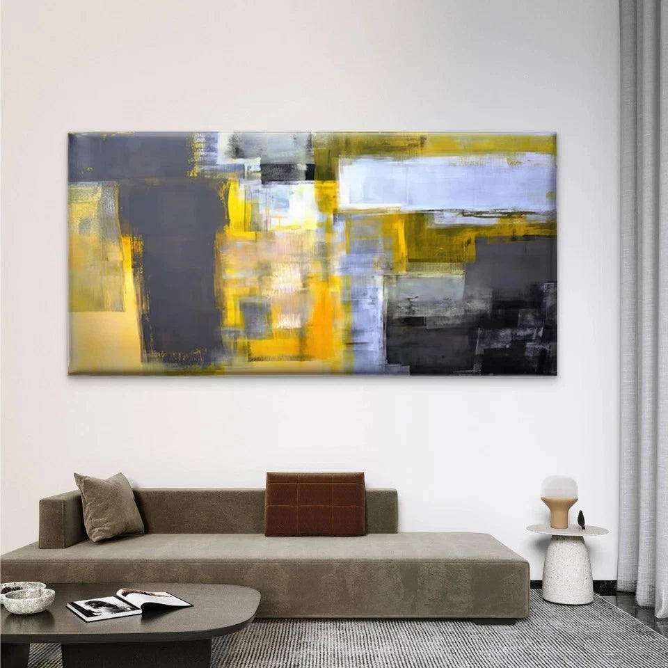 Geometric Abstract Yellow Grey Wall Art Canvas Office Home Room Framed 120x60cm