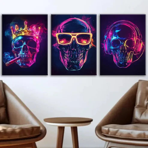 3pcs Abstract Neon Skeletons Glow Gold Rose Blue Wall Art Set Canvas Unframed - High Quality Print 100% Australian Made Wall Canvas - Bella Home Decor