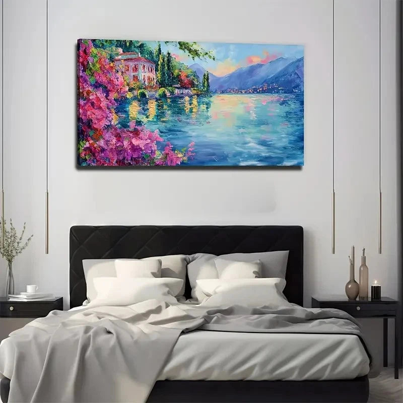 Vibrant Red Flower & Lake Scene Wall Art Canvas Office Home Room Framed 120x60cm