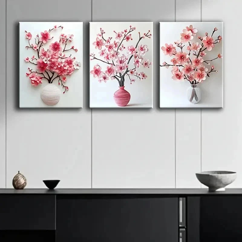 3pcs Cherry Blossom In Vase Painting Wall Art Set Canvas Framed 60x90cm - High Quality Print 100% Australian Made Wall Canvas Ready to Hang
