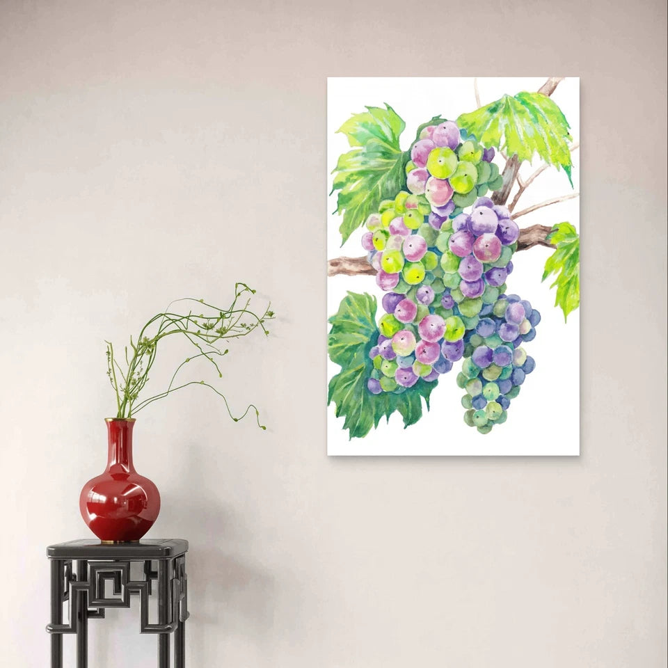 Lush Watercolour Grape Cluster and Vine 40x60cm Metal Print Ready to Hang