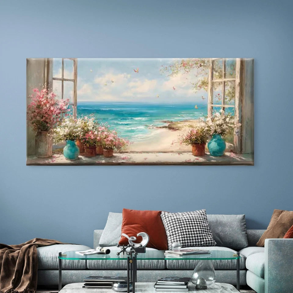 Potted Plants & Ocean View Wall Art Canvas Office Home Room Framed 120x60cm