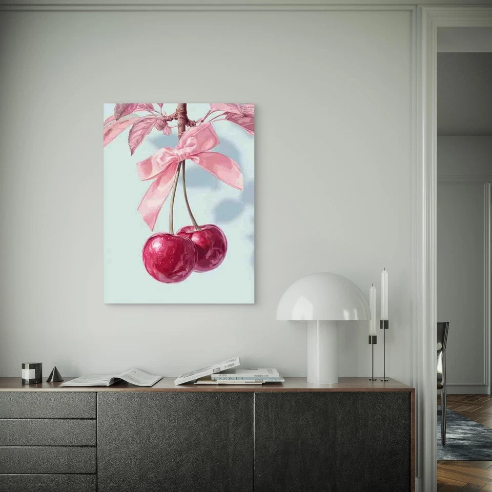 Cherry with Pink Bow 40x60cm Metal Print Ready to Hang